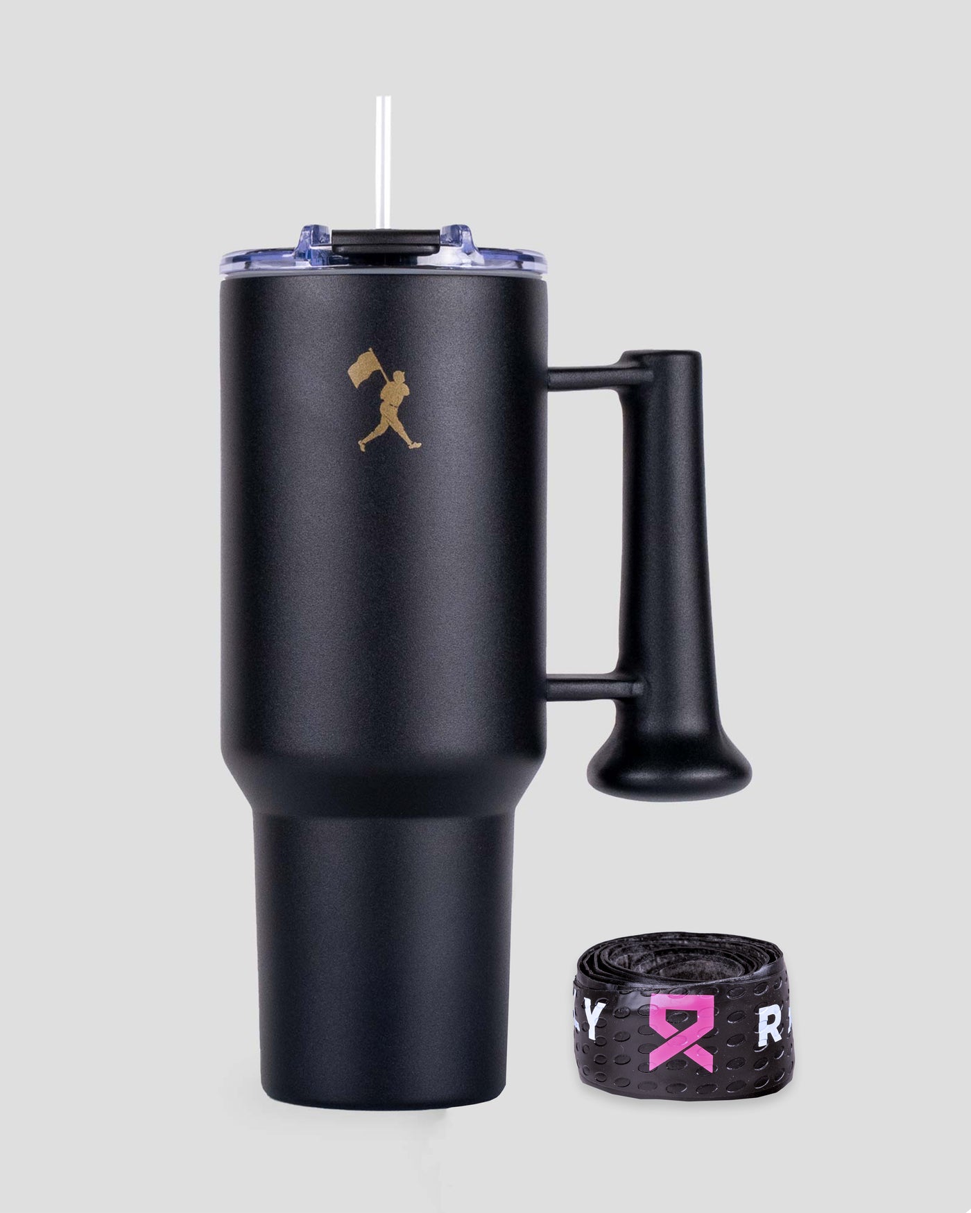 Rally Ribbon Pink Bat Grip and Onyx Eye Black Tumbler