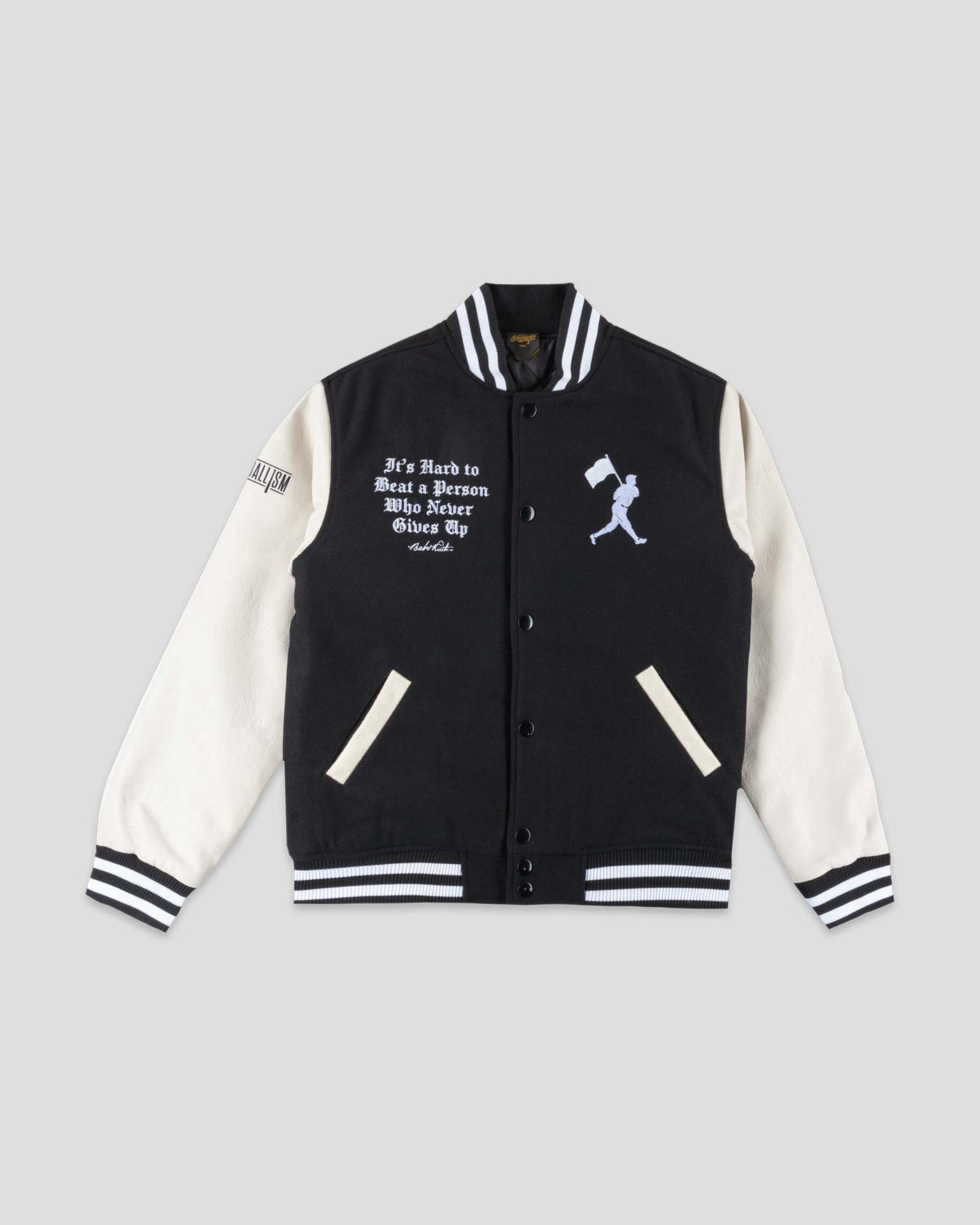 Never Give Up Varsity Jacket - Faded Eyeblack/Home Ivory