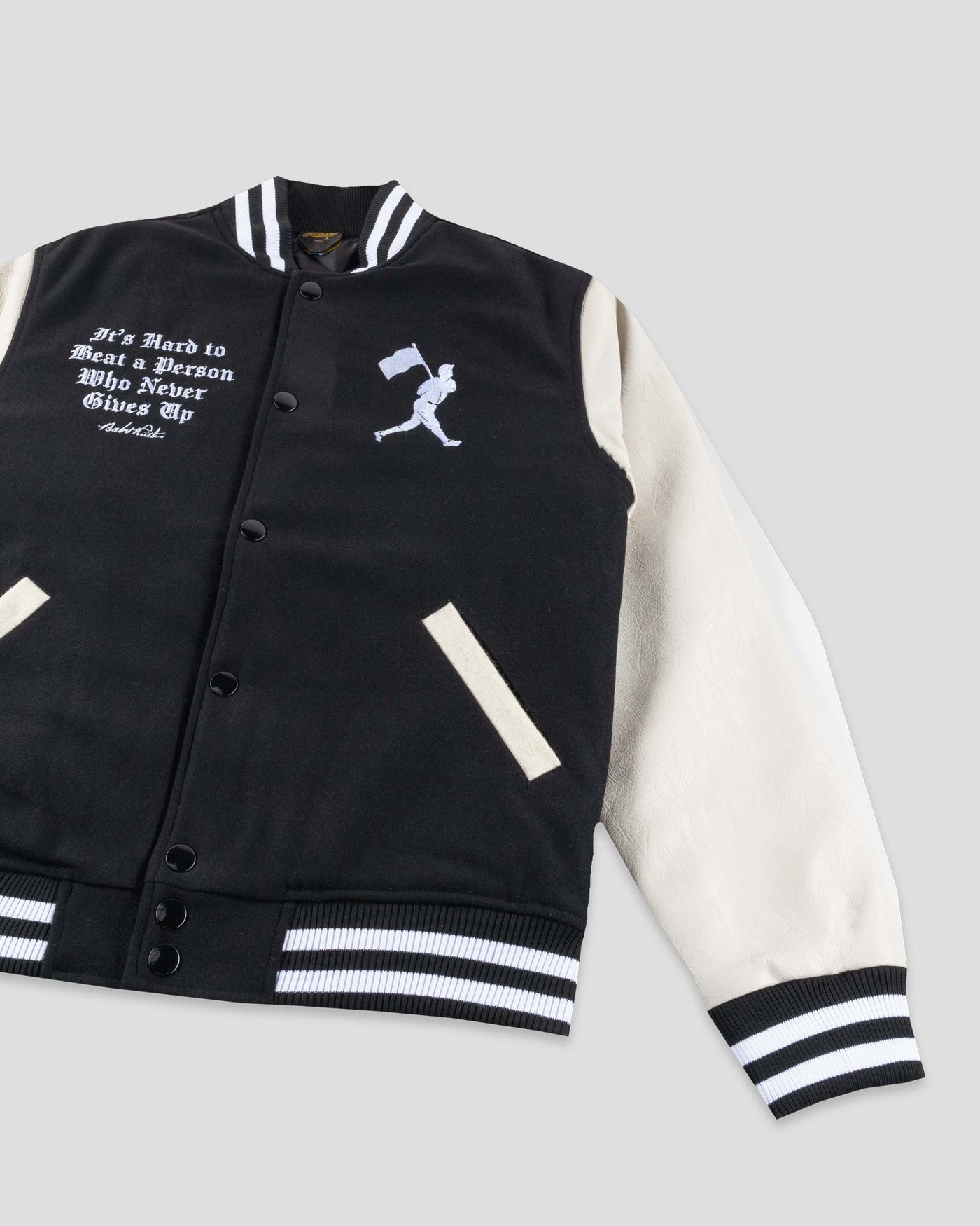 Never Give Up Varsity Jacket - Faded Eyeblack/Home Ivory